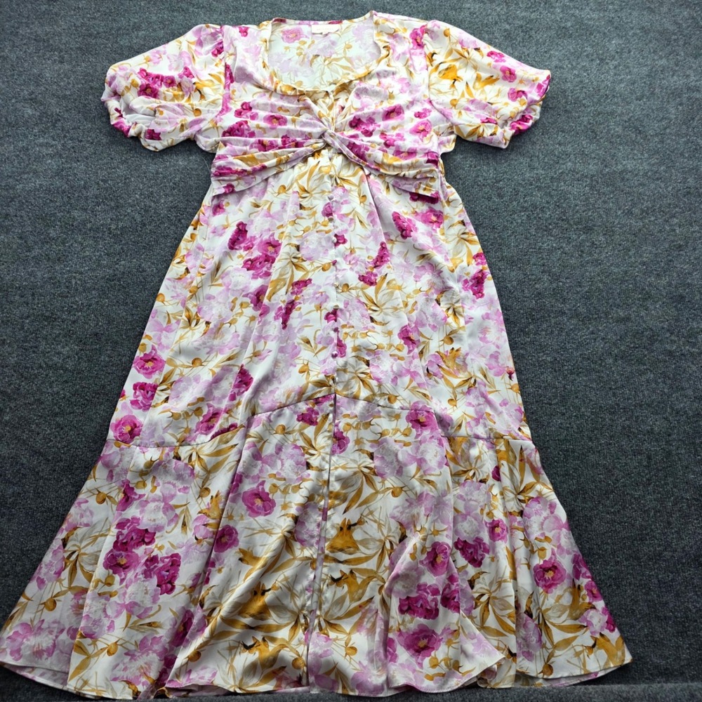 Melloday Floral Midi Dress Twist Front Puff‎ Sleeve Pink Gold White Large Womens